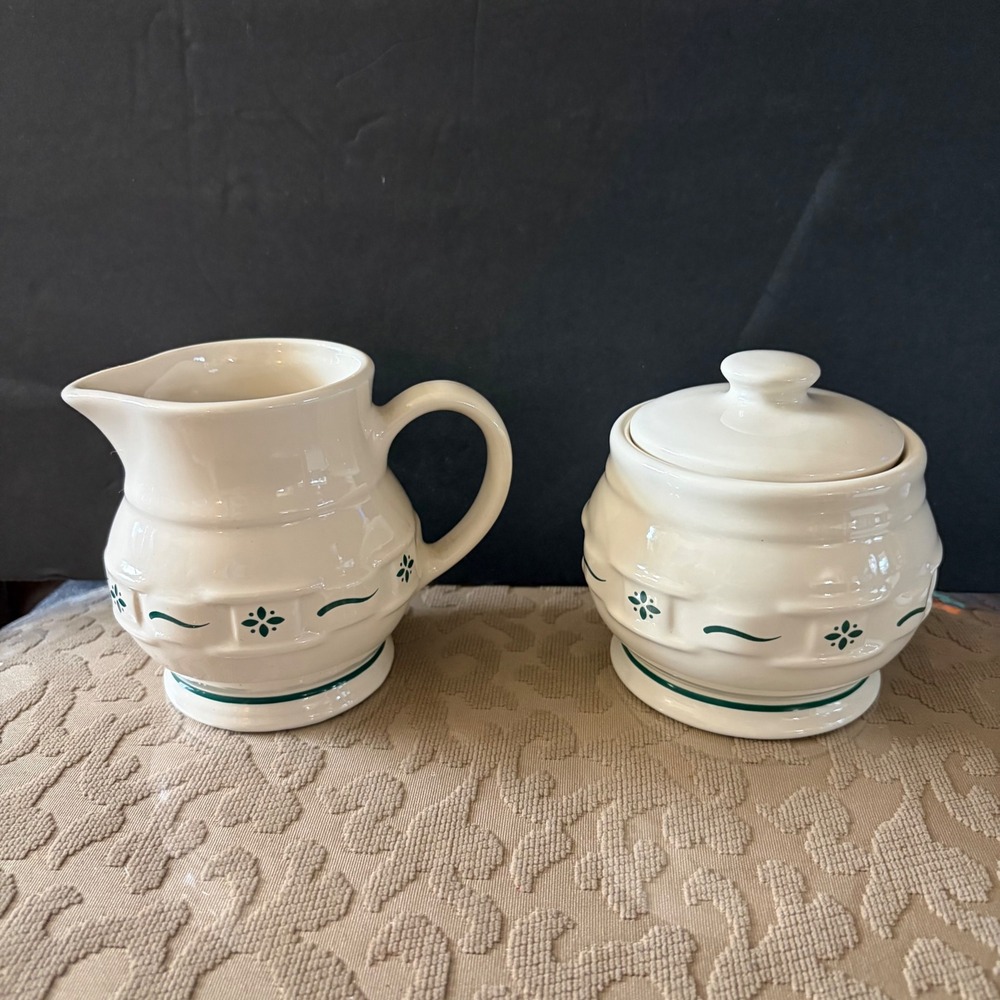 Longaberger Pottery Woven Traditions Heritage Green Creamer and Sugar Bowl Set
